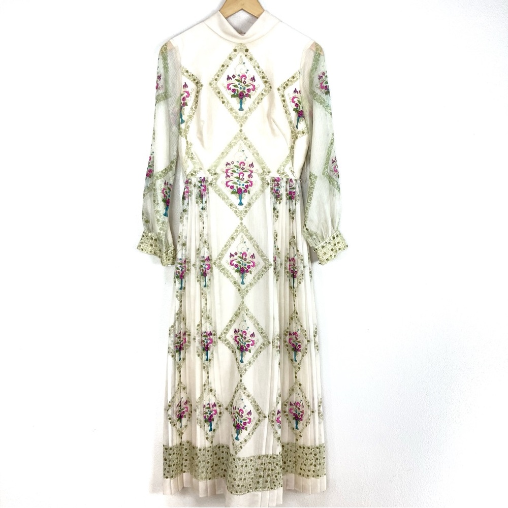 Vtg Alfred‎ Shaheen 1970s Hawaiian Ivory Boho Maxi Dress Floral Women’s Sz 8